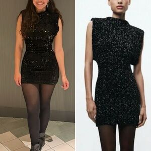 Black Sequin Mini Dress with Shoulder Pads - Small